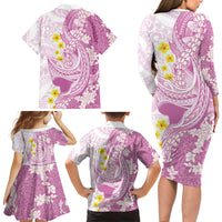 Purple Hawaii Shark Tattoo Family Matching Long Sleeve Bodycon Dress and Hawaiian Shirt Puakenikeni Lei Plumeria Polynesian Pattern