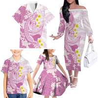 Purple Hawaii Shark Tattoo Family Matching Off The Shoulder Long Sleeve Dress and Hawaiian Shirt Puakenikeni Lei Plumeria Polynesian Pattern