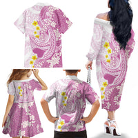 Purple Hawaii Shark Tattoo Family Matching Off The Shoulder Long Sleeve Dress and Hawaiian Shirt Puakenikeni Lei Plumeria Polynesian Pattern