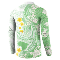Green Hawaii Shark Tattoo Button Sweatshirt Puakenikeni Lei Plumeria Polynesian Pattern LT14 - Polynesian Pride