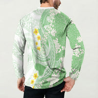 Green Hawaii Shark Tattoo Button Sweatshirt Puakenikeni Lei Plumeria Polynesian Pattern LT14 - Polynesian Pride