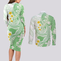 Green Hawaii Shark Tattoo Couples Matching Long Sleeve Bodycon Dress and Long Sleeve Button Shirt Puakenikeni Lei Plumeria Polynesian Pattern
