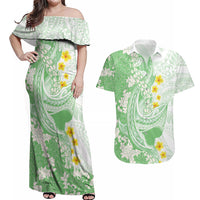 Green Hawaii Shark Tattoo Couples Matching Off Shoulder Maxi Dress and Hawaiian Shirt Puakenikeni Lei Plumeria Polynesian Pattern
