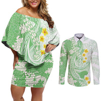 Green Hawaii Shark Tattoo Couples Matching Off Shoulder Short Dress and Long Sleeve Button Shirt Puakenikeni Lei Plumeria Polynesian Pattern