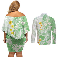 Green Hawaii Shark Tattoo Couples Matching Off Shoulder Short Dress and Long Sleeve Button Shirt Puakenikeni Lei Plumeria Polynesian Pattern