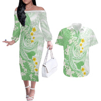 Green Hawaii Shark Tattoo Couples Matching Off The Shoulder Long Sleeve Dress and Hawaiian Shirt Puakenikeni Lei Plumeria Polynesian Pattern