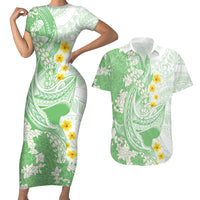 Green Hawaii Shark Tattoo Couples Matching Short Sleeve Bodycon Dress and Hawaiian Shirt Puakenikeni Lei Plumeria Polynesian Pattern