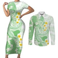 Green Hawaii Shark Tattoo Couples Matching Short Sleeve Bodycon Dress and Long Sleeve Button Shirt Puakenikeni Lei Plumeria Polynesian Pattern