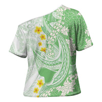 Green Hawaii Shark Tattoo Cross Shoulder Shirt Puakenikeni Lei Plumeria Polynesian Pattern LT14 - Polynesian Pride
