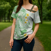 Green Hawaii Shark Tattoo Cross Shoulder Shirt Puakenikeni Lei Plumeria Polynesian Pattern LT14 - Polynesian Pride