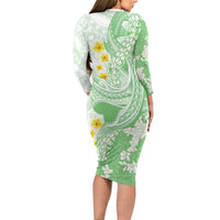 Green Hawaii Shark Tattoo Family Matching Long Sleeve Bodycon Dress and Hawaiian Shirt Puakenikeni Lei Plumeria Polynesian Pattern