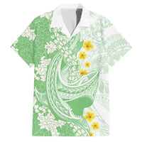 Green Hawaii Shark Tattoo Family Matching Off The Shoulder Long Sleeve Dress and Hawaiian Shirt Puakenikeni Lei Plumeria Polynesian Pattern
