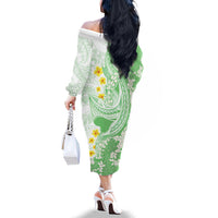 Green Hawaii Shark Tattoo Family Matching Off The Shoulder Long Sleeve Dress and Hawaiian Shirt Puakenikeni Lei Plumeria Polynesian Pattern