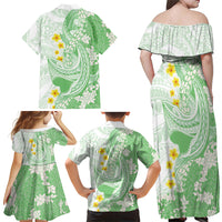 Green Hawaii Shark Tattoo Family Matching Off Shoulder Maxi Dress and Hawaiian Shirt Puakenikeni Lei Plumeria Polynesian Pattern