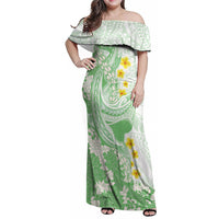 Green Hawaii Shark Tattoo Family Matching Off Shoulder Maxi Dress and Hawaiian Shirt Puakenikeni Lei Plumeria Polynesian Pattern