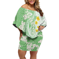 Green Hawaii Shark Tattoo Family Matching Off Shoulder Short Dress and Hawaiian Shirt Puakenikeni Lei Plumeria Polynesian Pattern