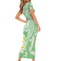 Green Hawaii Shark Tattoo Family Matching Short Sleeve Bodycon Dress and Hawaiian Shirt Puakenikeni Lei Plumeria Polynesian Pattern