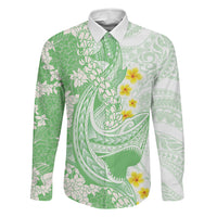 Green Hawaii Shark Tattoo Family Matching Summer Maxi Dress and Hawaiian Shirt Puakenikeni Lei Plumeria Polynesian Pattern