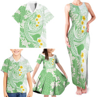 Green Hawaii Shark Tattoo Family Matching Tank Maxi Dress and Hawaiian Shirt Puakenikeni Lei Plumeria Polynesian Pattern