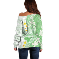 Green Hawaii Shark Tattoo Off Shoulder Sweater Puakenikeni Lei Plumeria Polynesian Pattern LT14 - Polynesian Pride