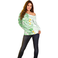 Green Hawaii Shark Tattoo Off Shoulder Sweater Puakenikeni Lei Plumeria Polynesian Pattern LT14 - Polynesian Pride