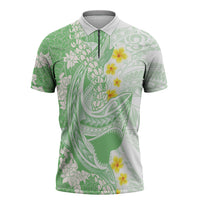Green Hawaii Shark Tattoo Zipper Polo Shirt Puakenikeni Lei Plumeria Polynesian Pattern LT14 Green - Polynesian Pride