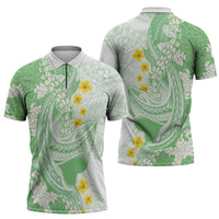 Green Hawaii Shark Tattoo Zipper Polo Shirt Puakenikeni Lei Plumeria Polynesian Pattern LT14 - Polynesian Pride