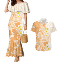 Orange Hawaii Shark Tattoo Couples Matching Mermaid Dress and Hawaiian Shirt Puakenikeni Lei Plumeria Polynesian Pattern