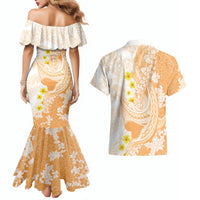 Orange Hawaii Shark Tattoo Couples Matching Mermaid Dress and Hawaiian Shirt Puakenikeni Lei Plumeria Polynesian Pattern