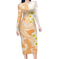 Orange Hawaii Shark Tattoo Family Matching Long Sleeve Bodycon Dress and Hawaiian Shirt Puakenikeni Lei Plumeria Polynesian Pattern