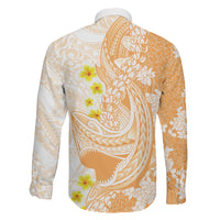 Orange Hawaii Shark Tattoo Family Matching Off The Shoulder Long Sleeve Dress and Hawaiian Shirt Puakenikeni Lei Plumeria Polynesian Pattern