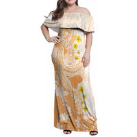 Orange Hawaii Shark Tattoo Family Matching Off Shoulder Maxi Dress and Hawaiian Shirt Puakenikeni Lei Plumeria Polynesian Pattern