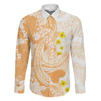 Orange Hawaii Shark Tattoo Family Matching Off Shoulder Short Dress and Hawaiian Shirt Puakenikeni Lei Plumeria Polynesian Pattern