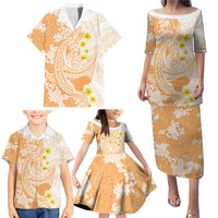 Orange Hawaii Shark Tattoo Family Matching Puletasi and Hawaiian Shirt Puakenikeni Lei Plumeria Polynesian Pattern