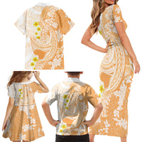Orange Hawaii Shark Tattoo Family Matching Short Sleeve Bodycon Dress and Hawaiian Shirt Puakenikeni Lei Plumeria Polynesian Pattern