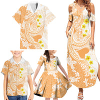 Orange Hawaii Shark Tattoo Family Matching Summer Maxi Dress and Hawaiian Shirt Puakenikeni Lei Plumeria Polynesian Pattern