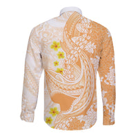 Orange Hawaii Shark Tattoo Long Sleeve Button Shirt Puakenikeni Lei Plumeria Polynesian Pattern LT14 - Polynesian Pride