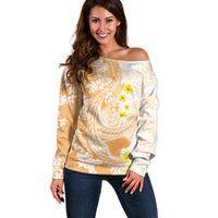 Orange Hawaii Shark Tattoo Off Shoulder Sweater Puakenikeni Lei Plumeria Polynesian Pattern LT14 Women Orange - Polynesian Pride
