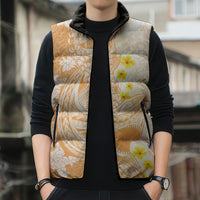 Orange Hawaii Shark Tattoo Sleeveless Puffer Jacket Puakenikeni Lei Plumeria Polynesian Pattern LT14 - Polynesian Pride
