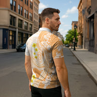 Orange Hawaii Shark Tattoo Zipper Polo Shirt Puakenikeni Lei Plumeria Polynesian Pattern