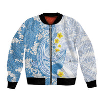 Blue Hawaii Shark Tattoo Bomber Jacket Puakenikeni Lei Plumeria Polynesian Pattern LT14 Unisex Blue - Polynesian Pride