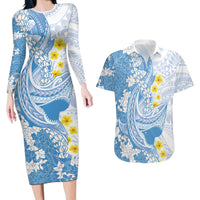 Blue Hawaii Shark Tattoo Couples Matching Long Sleeve Bodycon Dress and Hawaiian Shirt Puakenikeni Lei Plumeria Polynesian Pattern