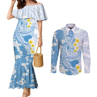Blue Hawaii Shark Tattoo Couples Matching Mermaid Dress and Long Sleeve Button Shirt Puakenikeni Lei Plumeria Polynesian Pattern