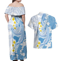 Blue Hawaii Shark Tattoo Couples Matching Off Shoulder Maxi Dress and Hawaiian Shirt Puakenikeni Lei Plumeria Polynesian Pattern