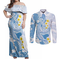 Blue Hawaii Shark Tattoo Couples Matching Off Shoulder Maxi Dress and Long Sleeve Button Shirt Puakenikeni Lei Plumeria Polynesian Pattern