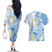 Blue Hawaii Shark Tattoo Couples Matching Off The Shoulder Long Sleeve Dress and Hawaiian Shirt Puakenikeni Lei Plumeria Polynesian Pattern