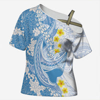 Blue Hawaii Shark Tattoo Cross Shoulder Shirt Puakenikeni Lei Plumeria Polynesian Pattern LT14 Female Blue - Polynesian Pride