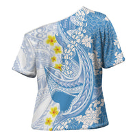 Blue Hawaii Shark Tattoo Cross Shoulder Shirt Puakenikeni Lei Plumeria Polynesian Pattern LT14 - Polynesian Pride