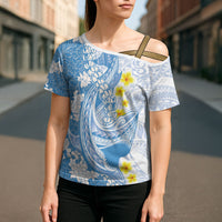 Blue Hawaii Shark Tattoo Cross Shoulder Shirt Puakenikeni Lei Plumeria Polynesian Pattern LT14 - Polynesian Pride