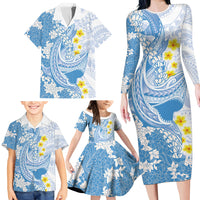 Blue Hawaii Shark Tattoo Family Matching Long Sleeve Bodycon Dress and Hawaiian Shirt Puakenikeni Lei Plumeria Polynesian Pattern